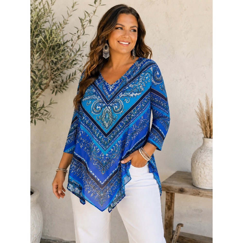 Blue paisley boho poncho top western coastal cowgirl XLP